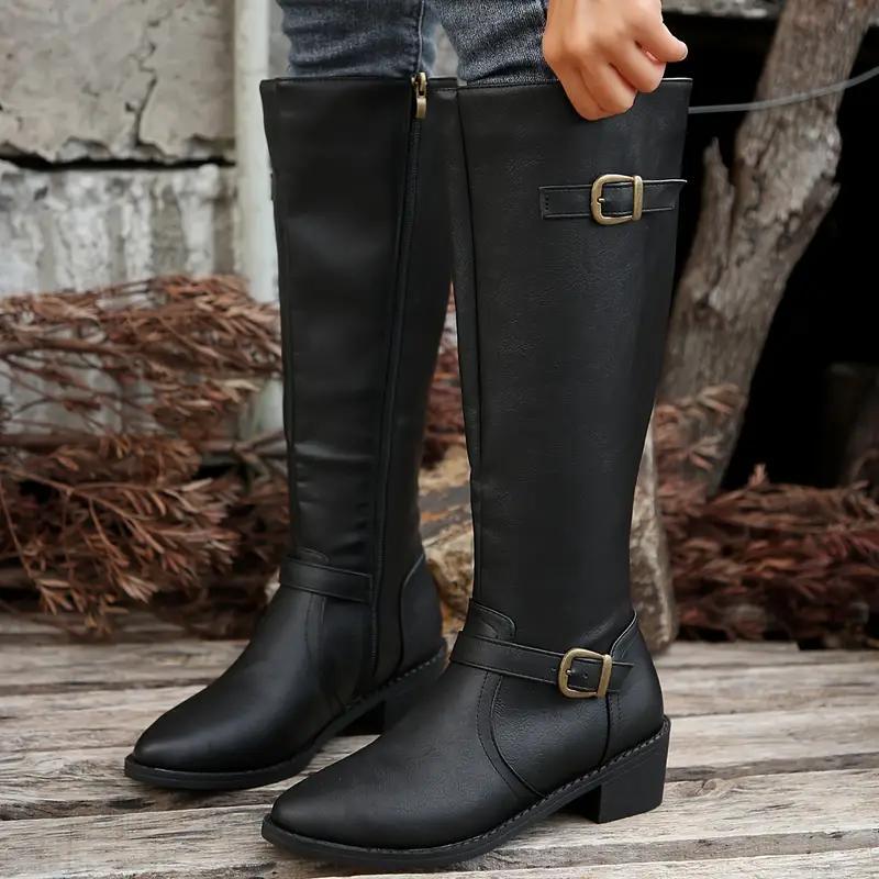 Women's Leather-Look Buckled Knee-High Boots