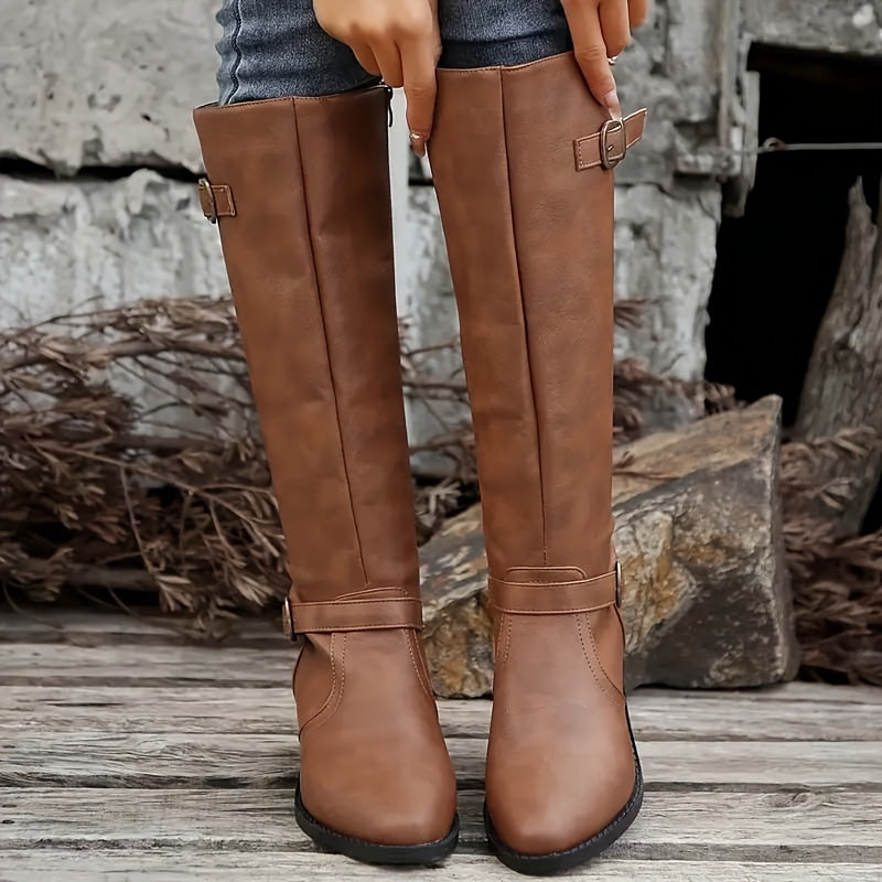 Women's Leather-Look Buckled Knee-High Boots