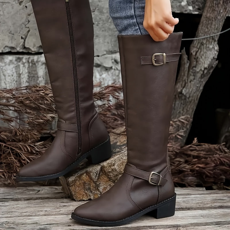Women's Leather-Look Buckled Knee-High Boots