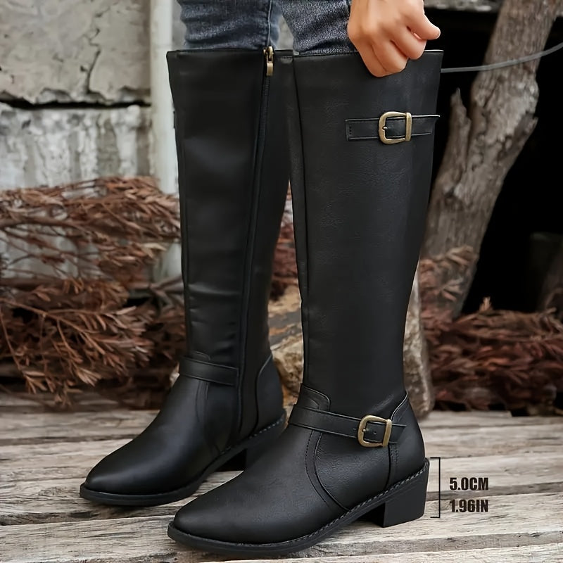 Women's Leather-Look Buckled Knee-High Boots
