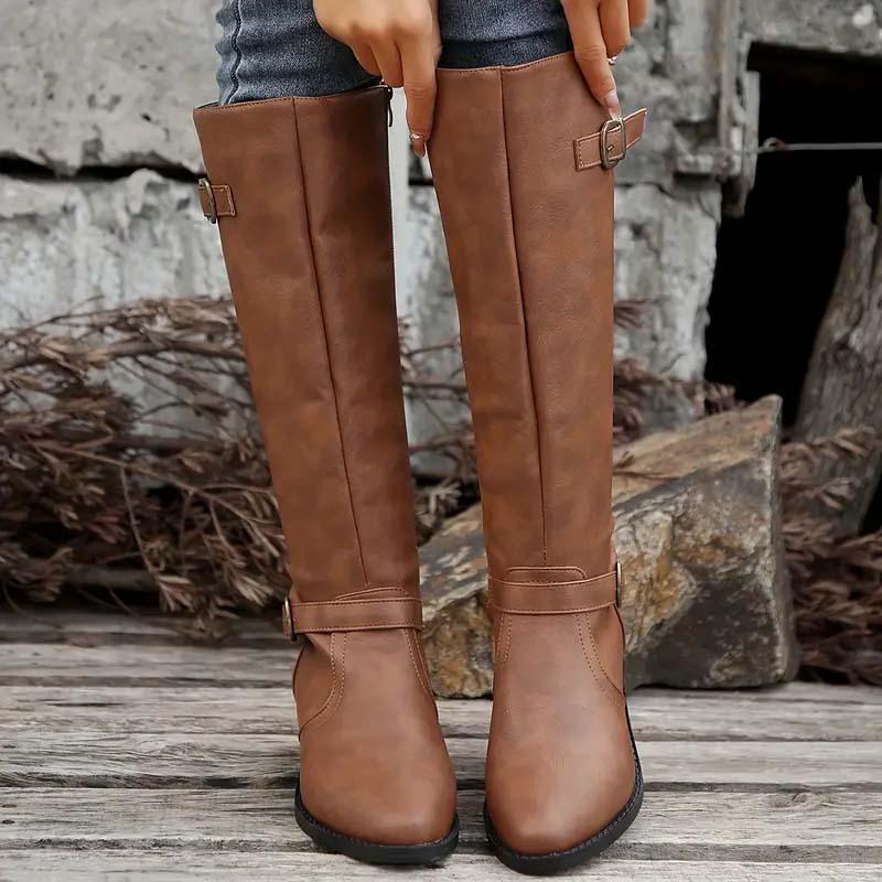 Women's Leather-Look Buckled Knee-High Boots