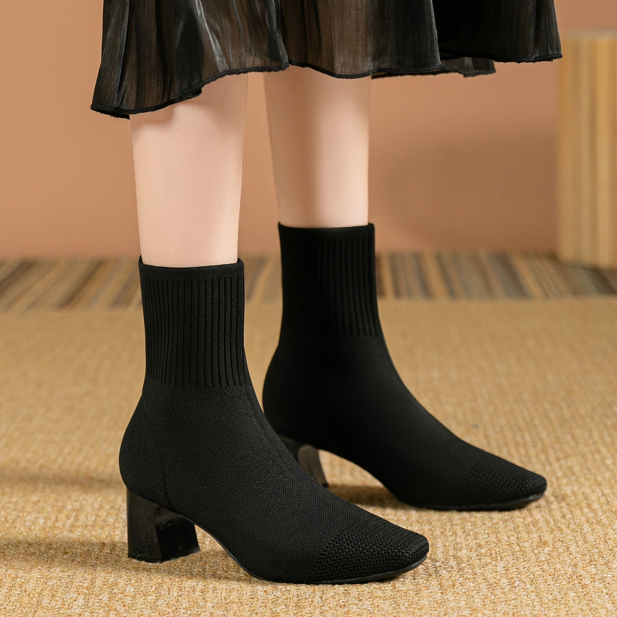 Women's Stretch Knit Block-Heel Ankle Boots
