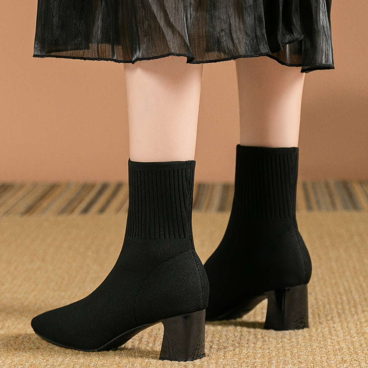Women's Stretch Knit Block-Heel Ankle Boots