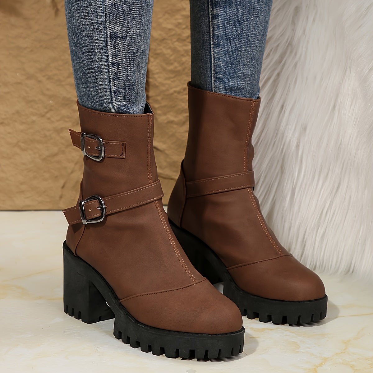 Women's Buckle-Strap Heeled Ankle Boots
