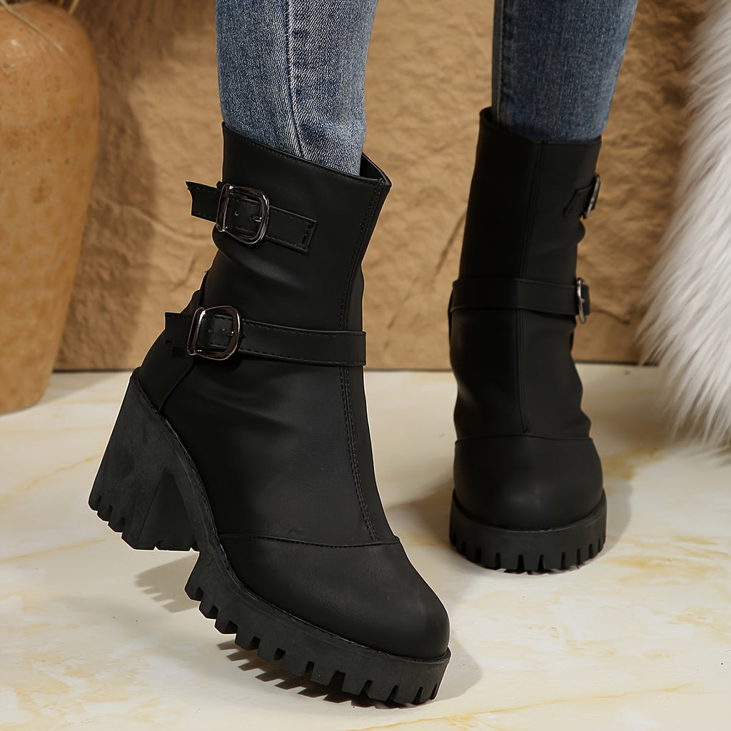 Women's Buckle-Strap Heeled Ankle Boots