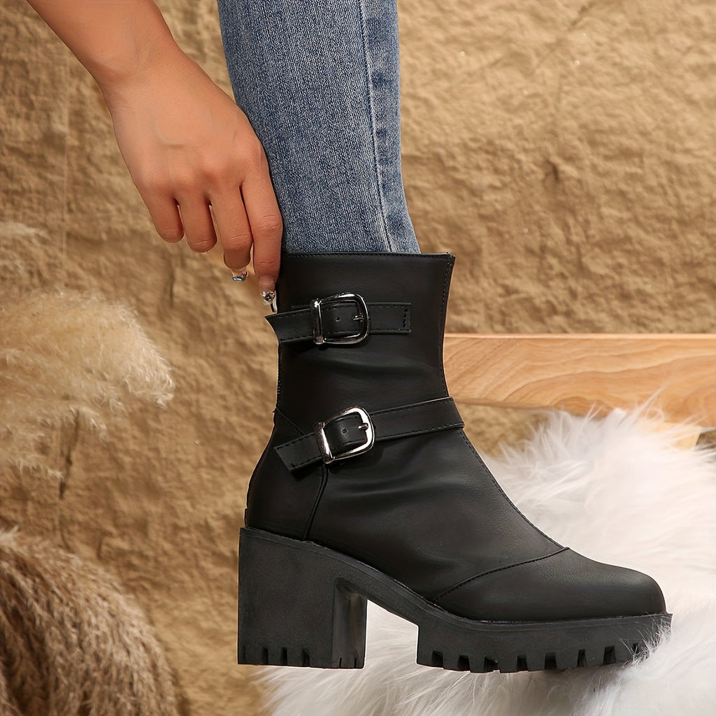 Women's Buckle-Strap Heeled Ankle Boots