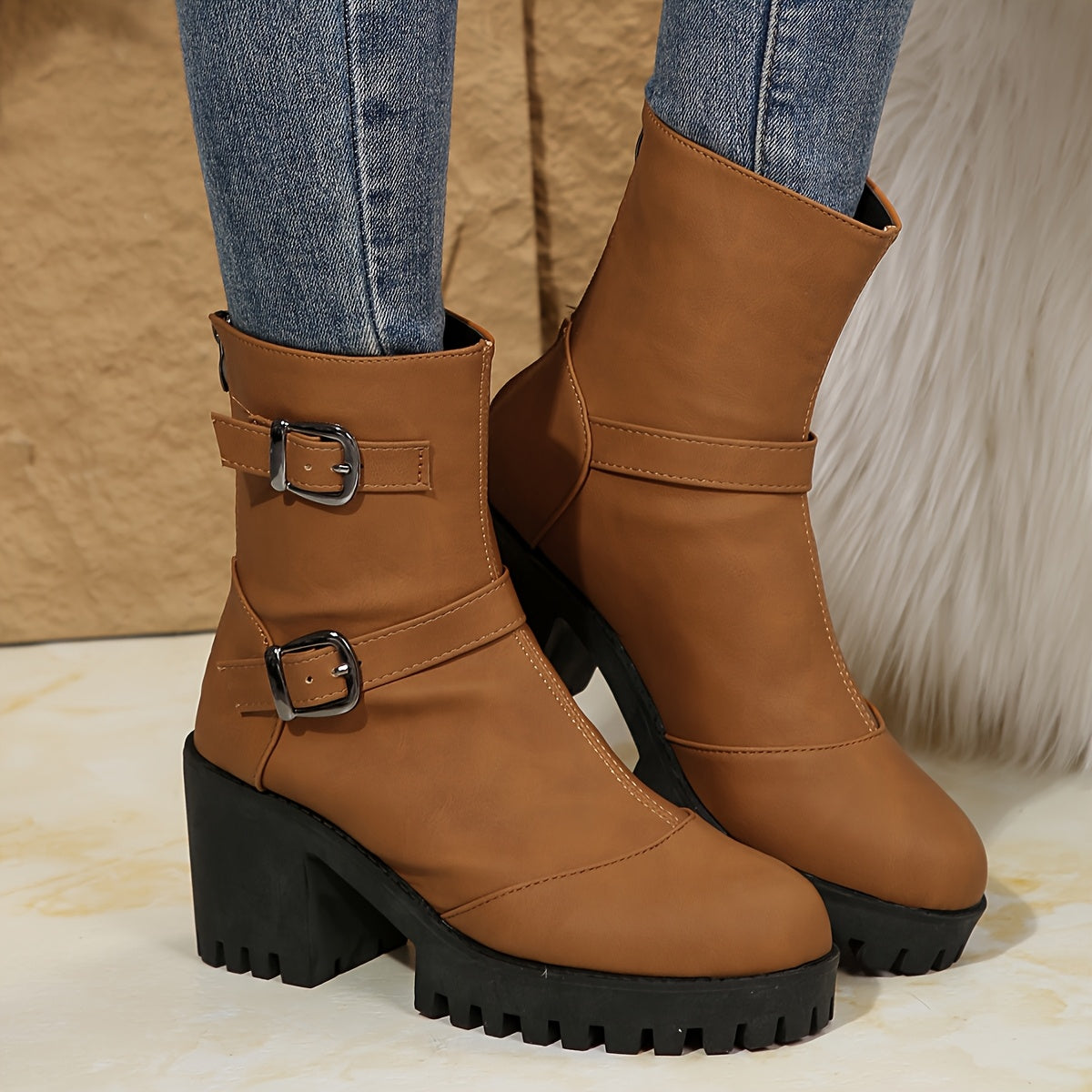 Women's Buckle-Strap Heeled Ankle Boots