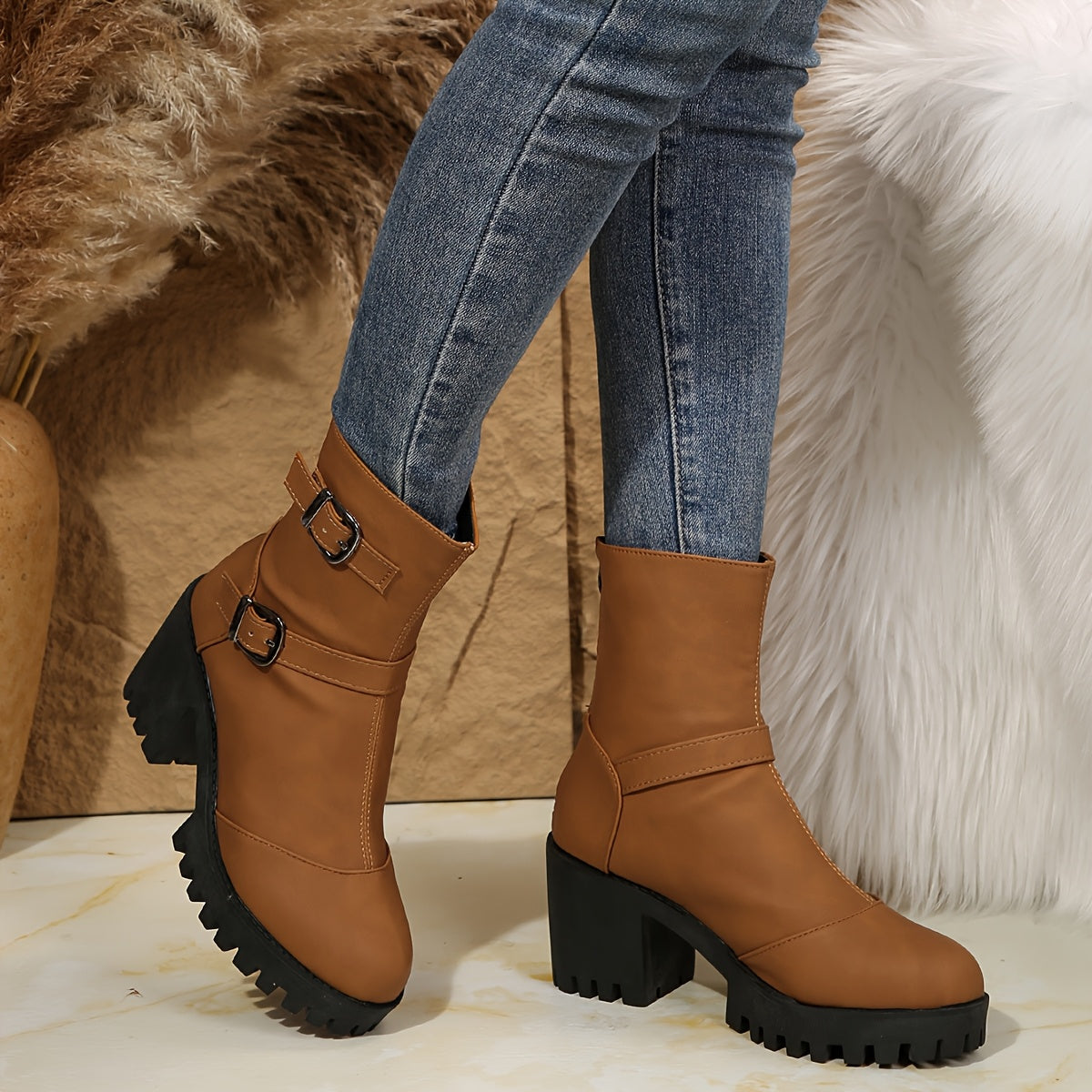 Women's Buckle-Strap Heeled Ankle Boots