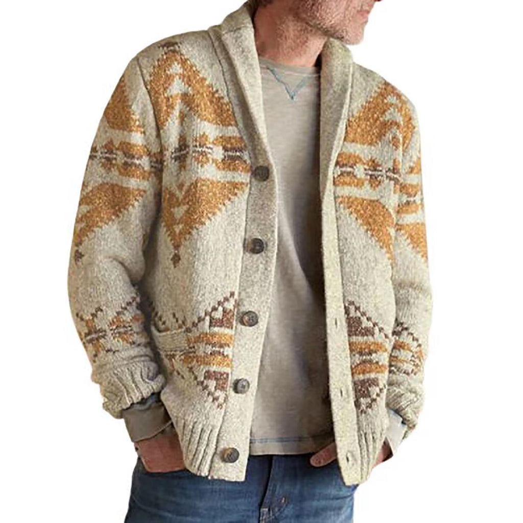 Men's Vintage Printed Shawl Collar Button-Through Cardigan