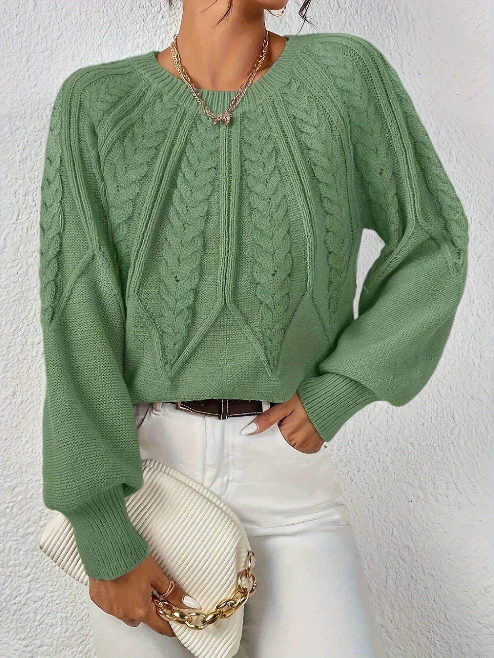 Women's Beige Crew Neck Cable Knit Pullover