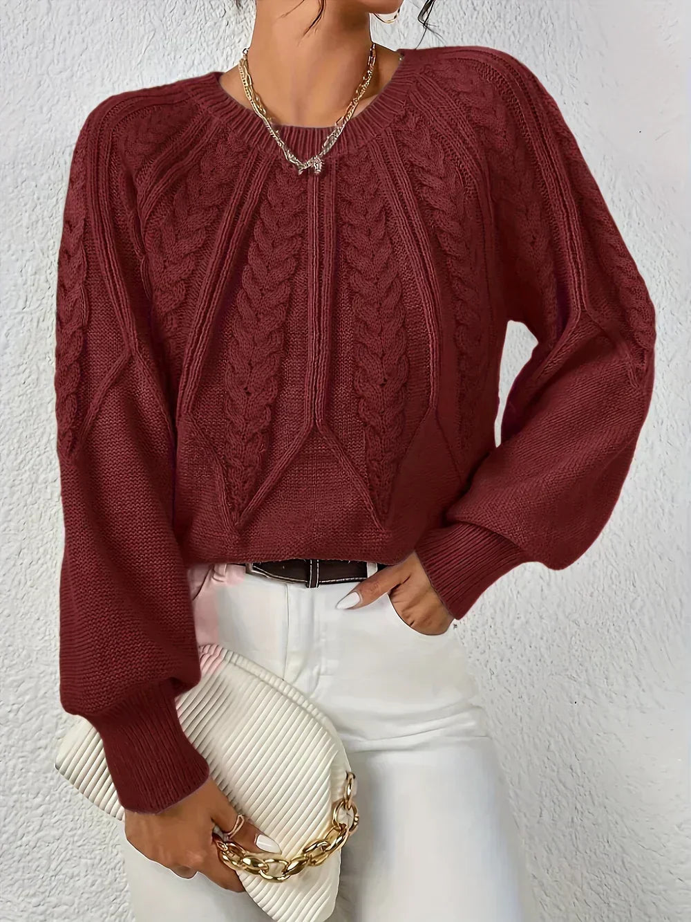 Women's Beige Crew Neck Cable Knit Pullover