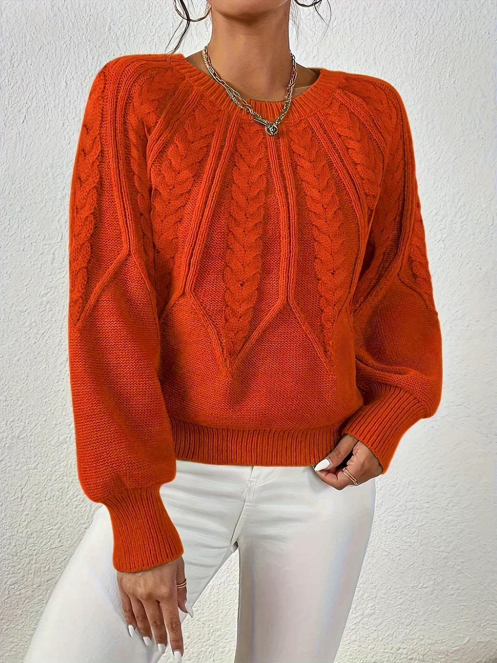 Women's Beige Crew Neck Cable Knit Pullover