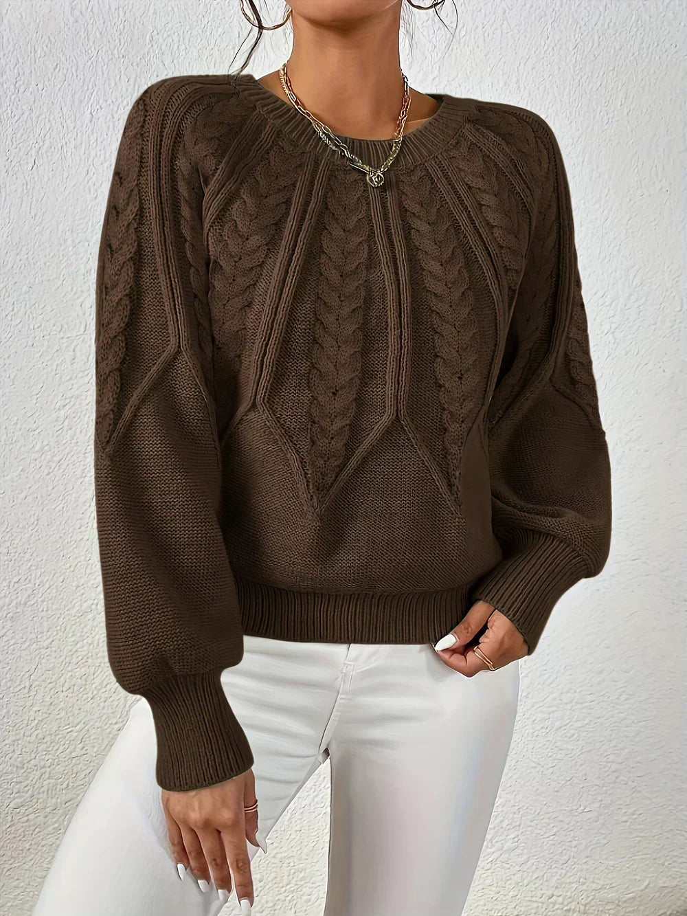 Women's Beige Crew Neck Cable Knit Pullover