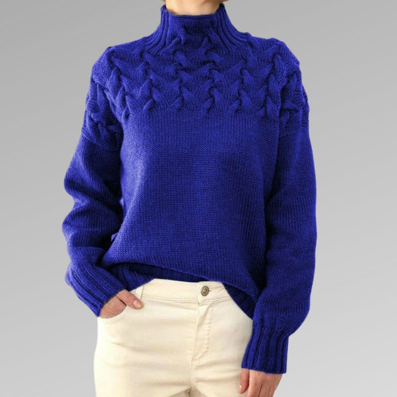 Women's Royal Blue Cable Polo Neck Pullover