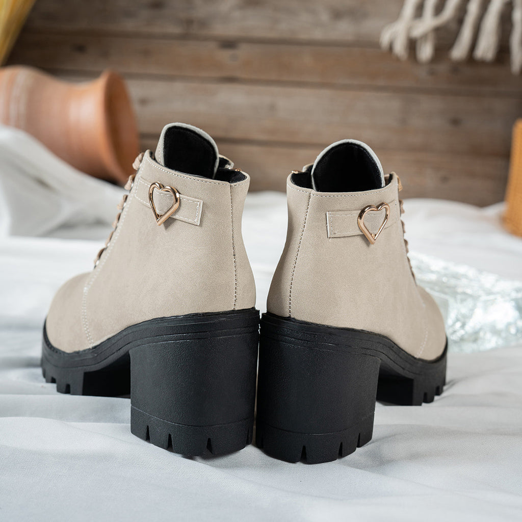 Women's Beige Lace-Up Heeled Ankle Boots