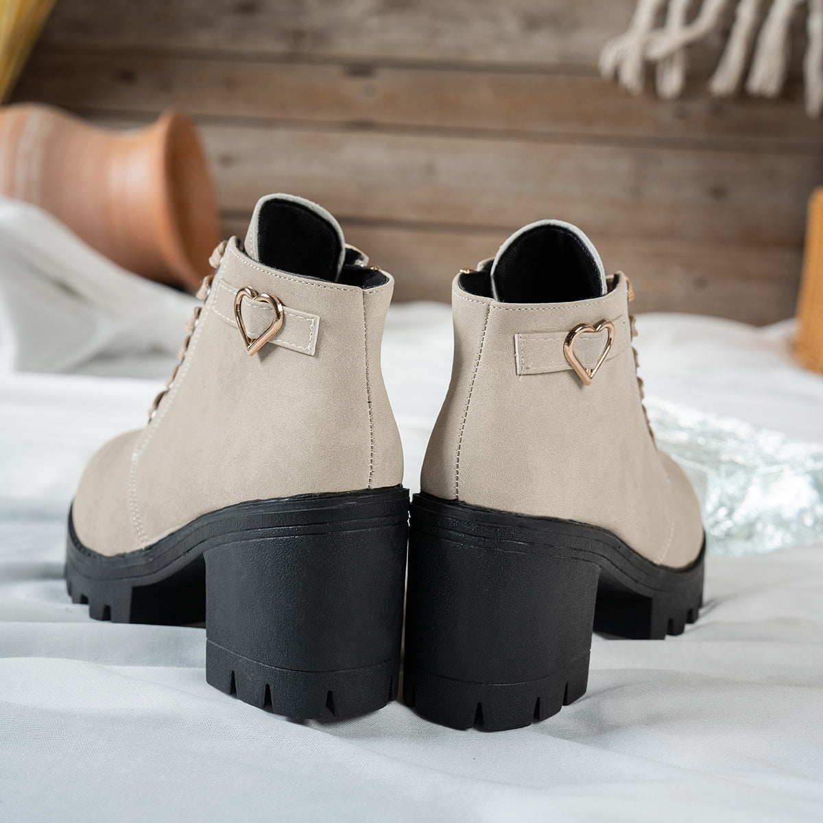 Women's Beige Lace-Up Heeled Ankle Boots