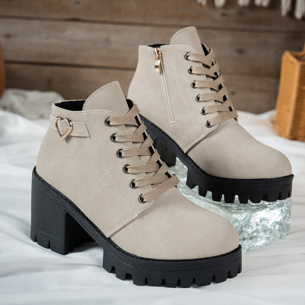 Women's Beige Lace-Up Heeled Ankle Boots