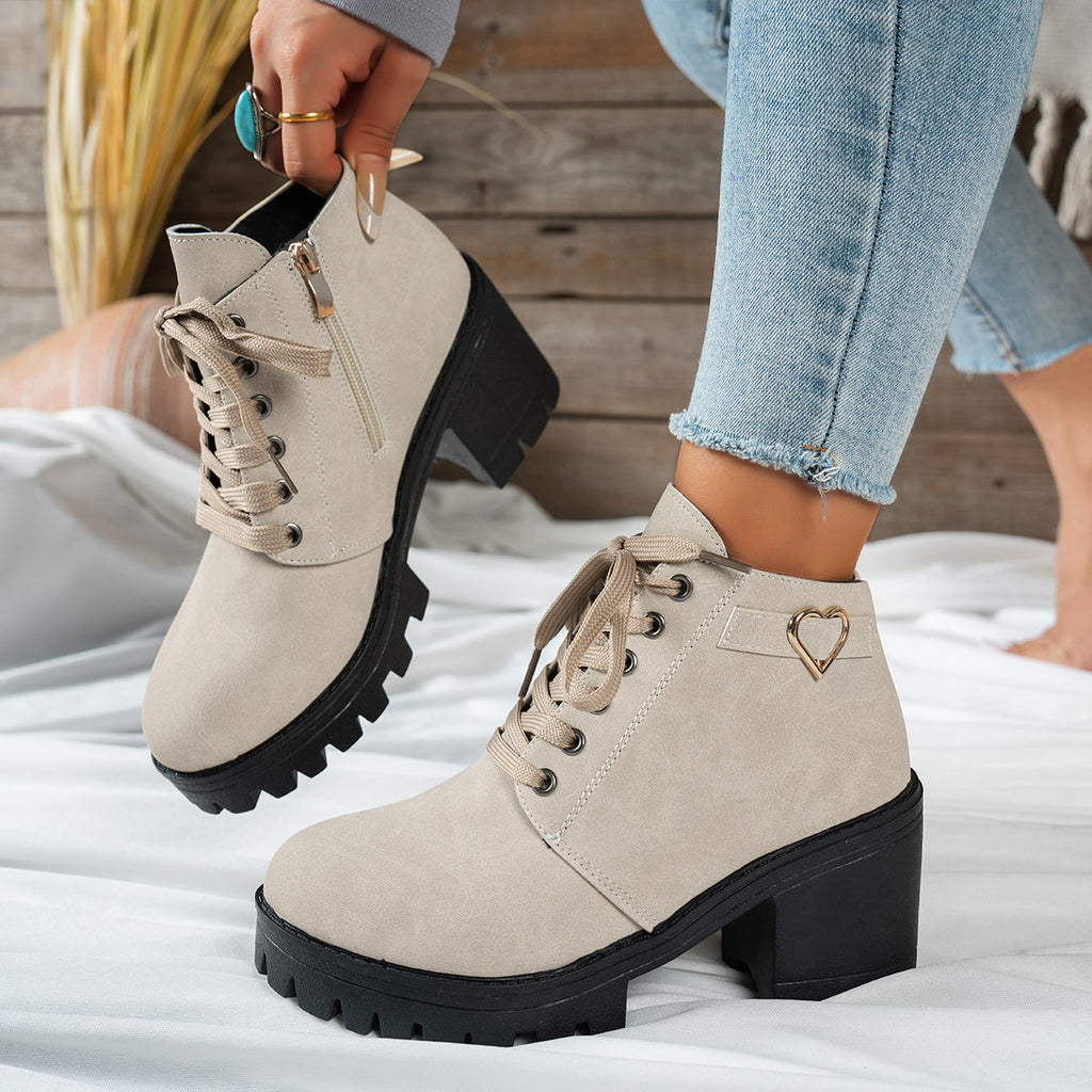 Women's Beige Lace-Up Heeled Ankle Boots