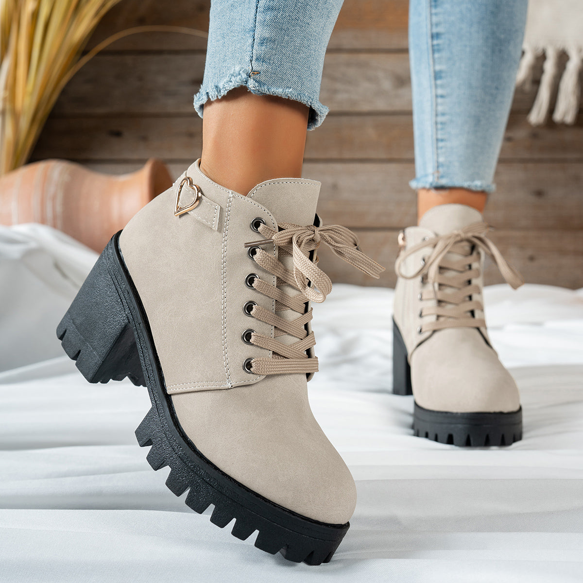 Women's Beige Lace-Up Heeled Ankle Boots