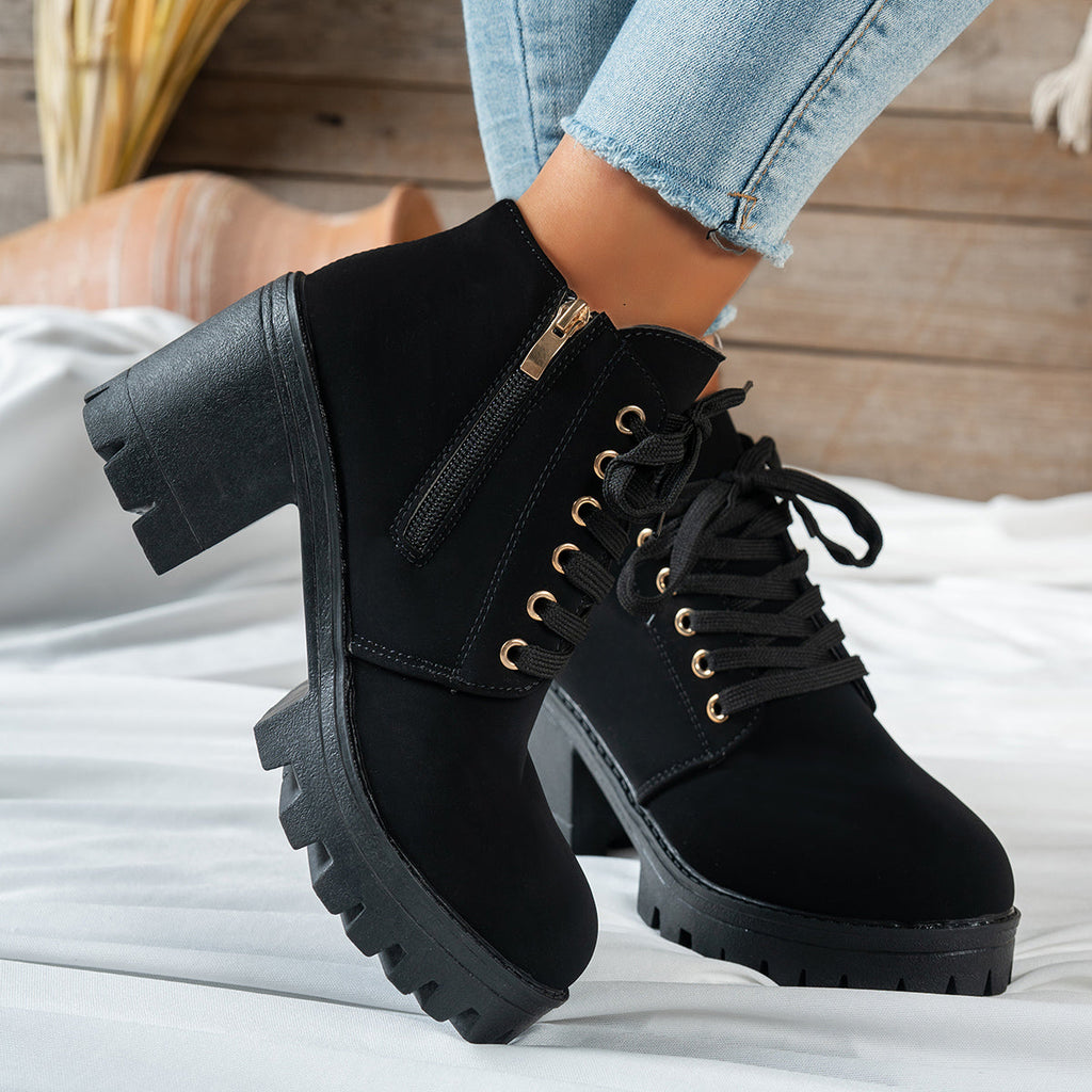 Women's Beige Lace-Up Heeled Ankle Boots