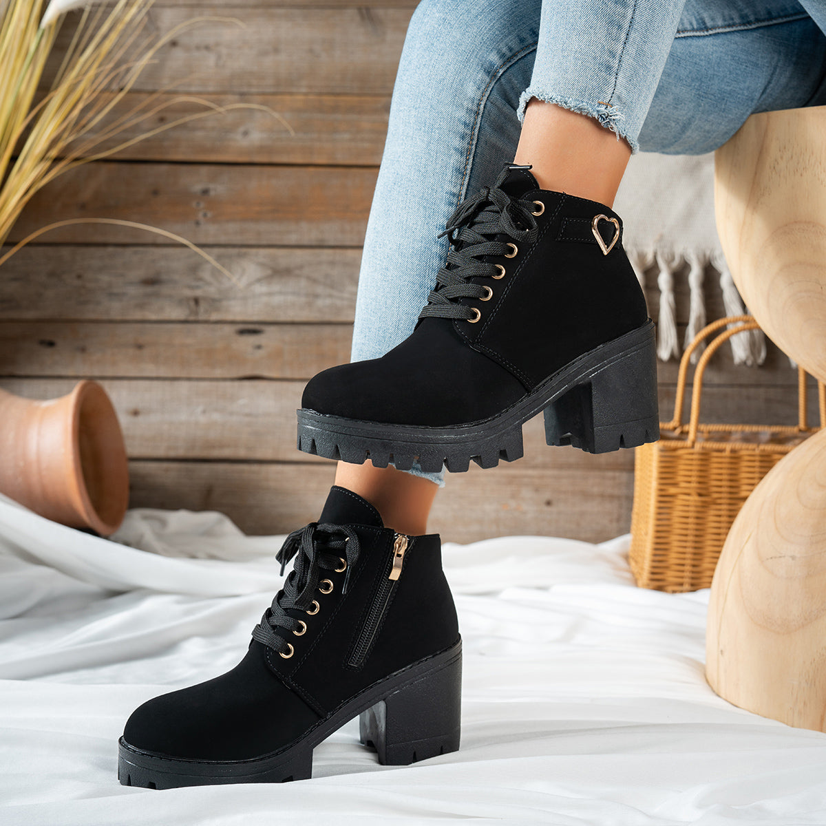 Women's Beige Lace-Up Heeled Ankle Boots