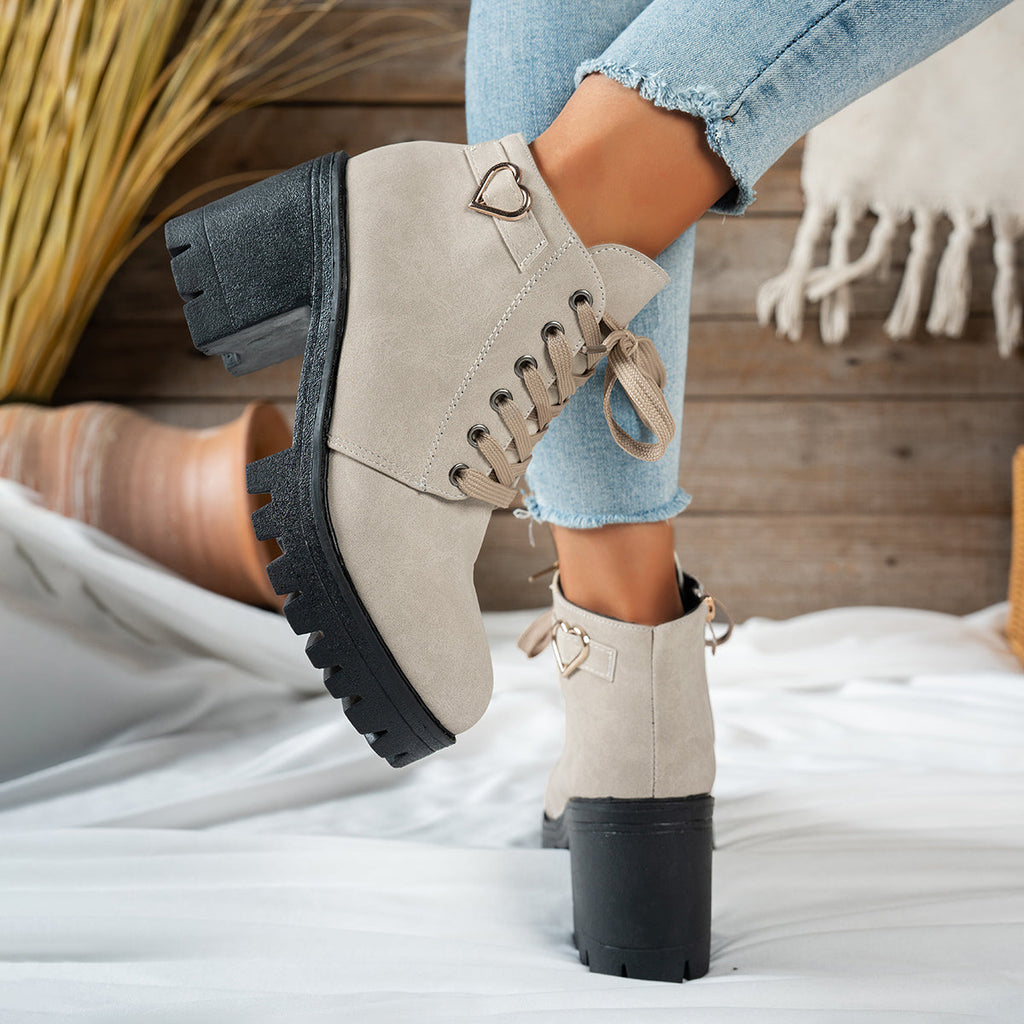 Women's Beige Lace-Up Heeled Ankle Boots