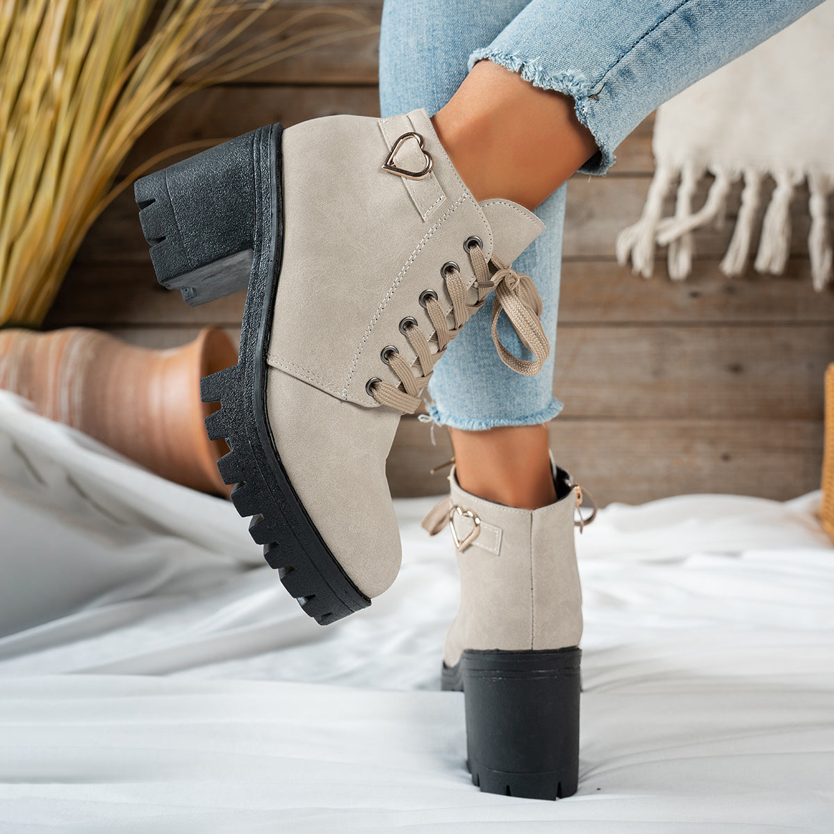 Women's Beige Lace-Up Heeled Ankle Boots