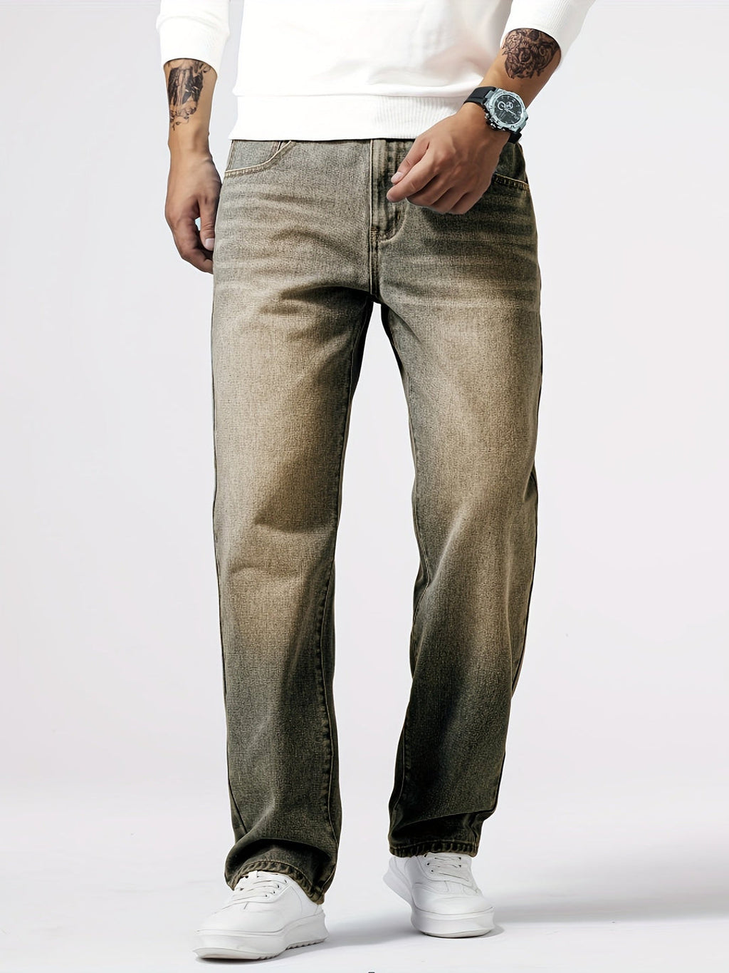 Men's Blue Washed Straight-Leg Denim Trousers
