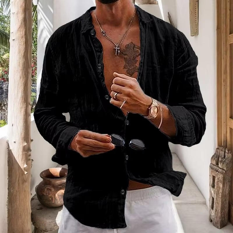 Men's Long Sleeve Textured Button-Through Shirt
