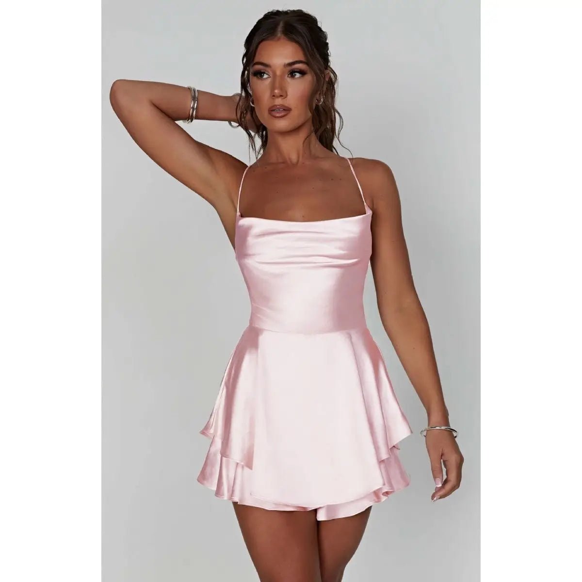 Women's Open-Back Satin Pleated Skater Mini Dress
