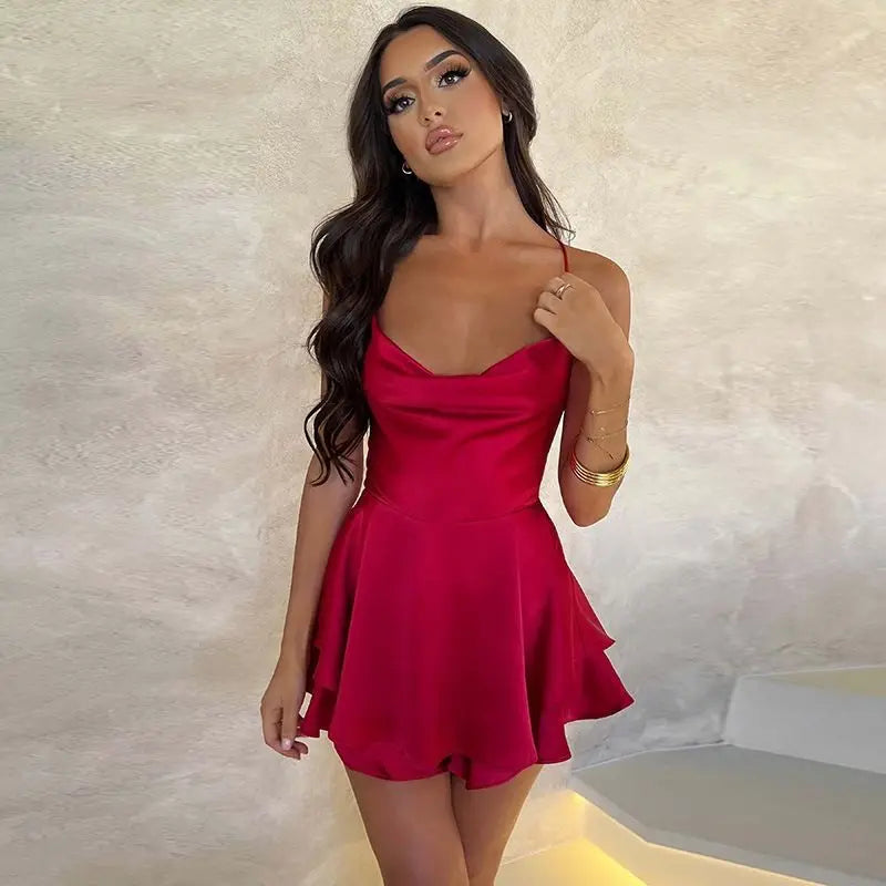 Women's Open-Back Satin Pleated Skater Mini Dress