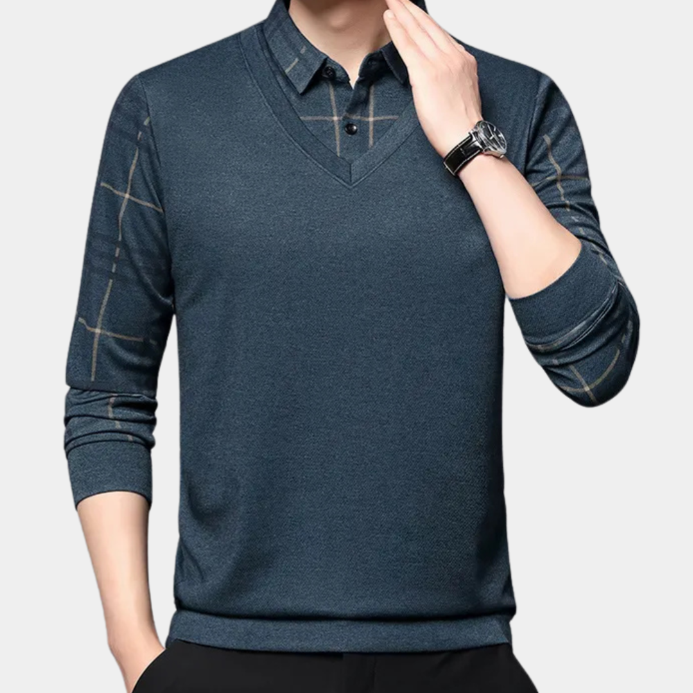 Men's Printed-Sleeve Layered V-Neck Pullover