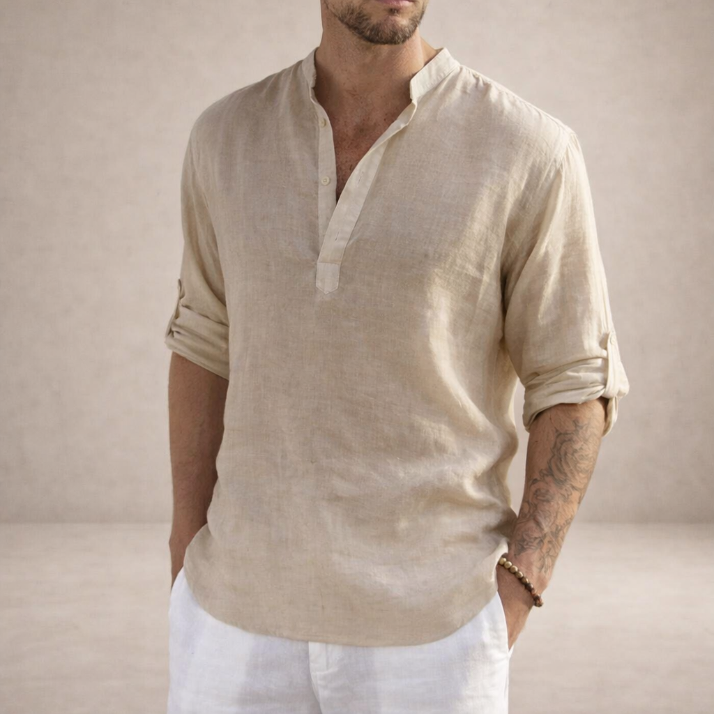 Men's Roll Sleeve Open Placket Linen Shirt