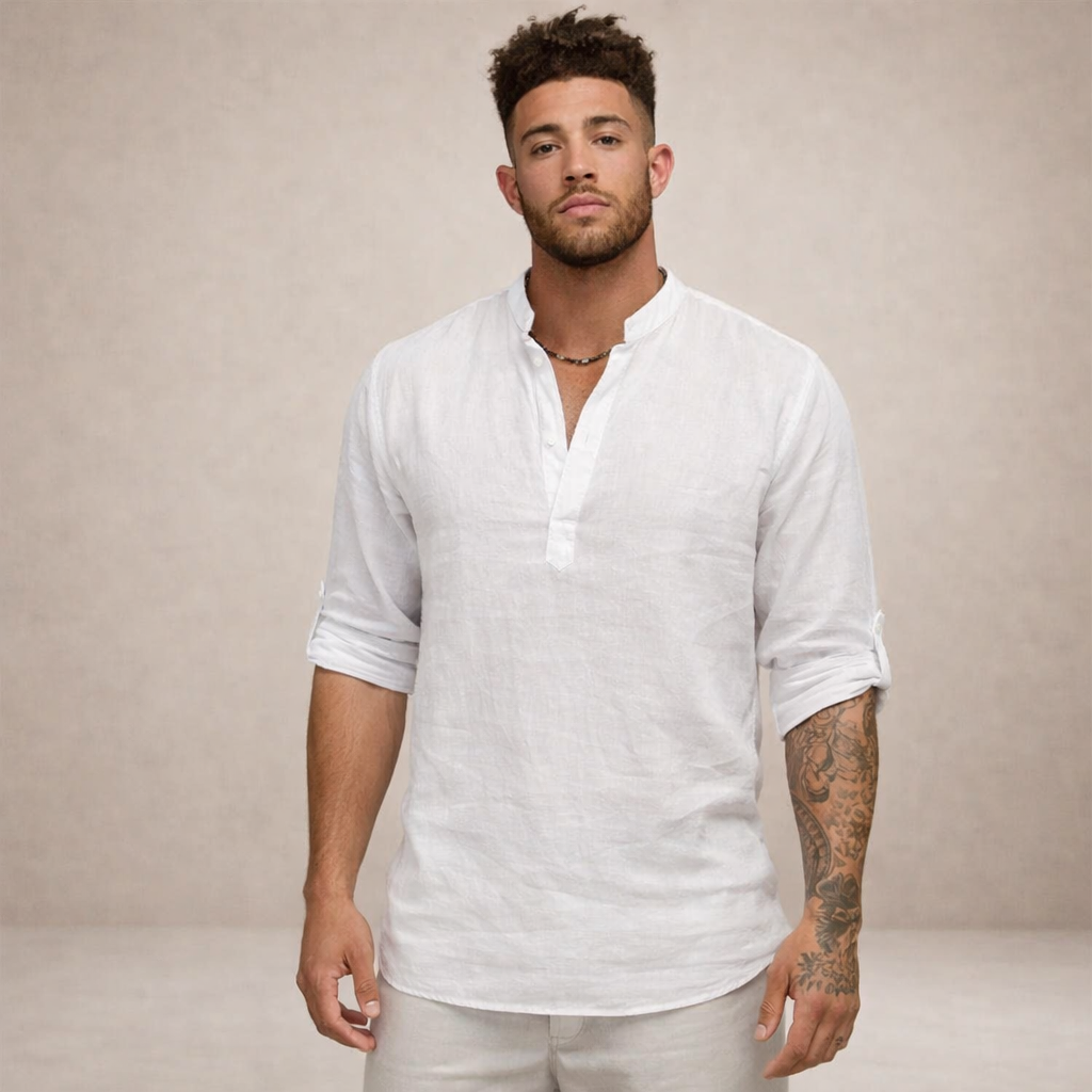 Men's Roll Sleeve Open Placket Linen Shirt
