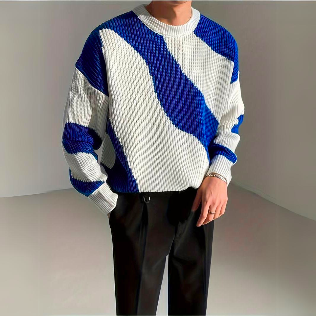 Men's Wave Pattern Colour Block Knit Pullover