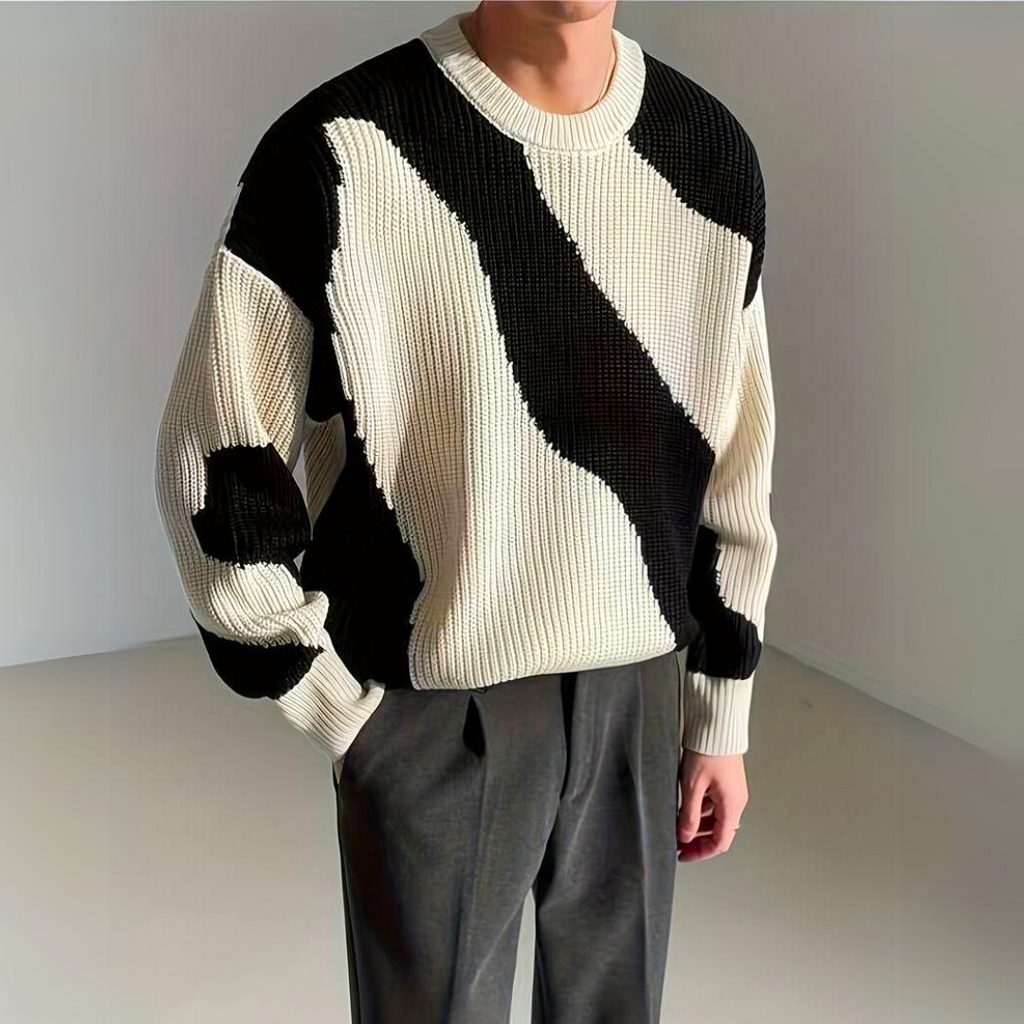 Men's Wave Pattern Colour Block Knit Pullover