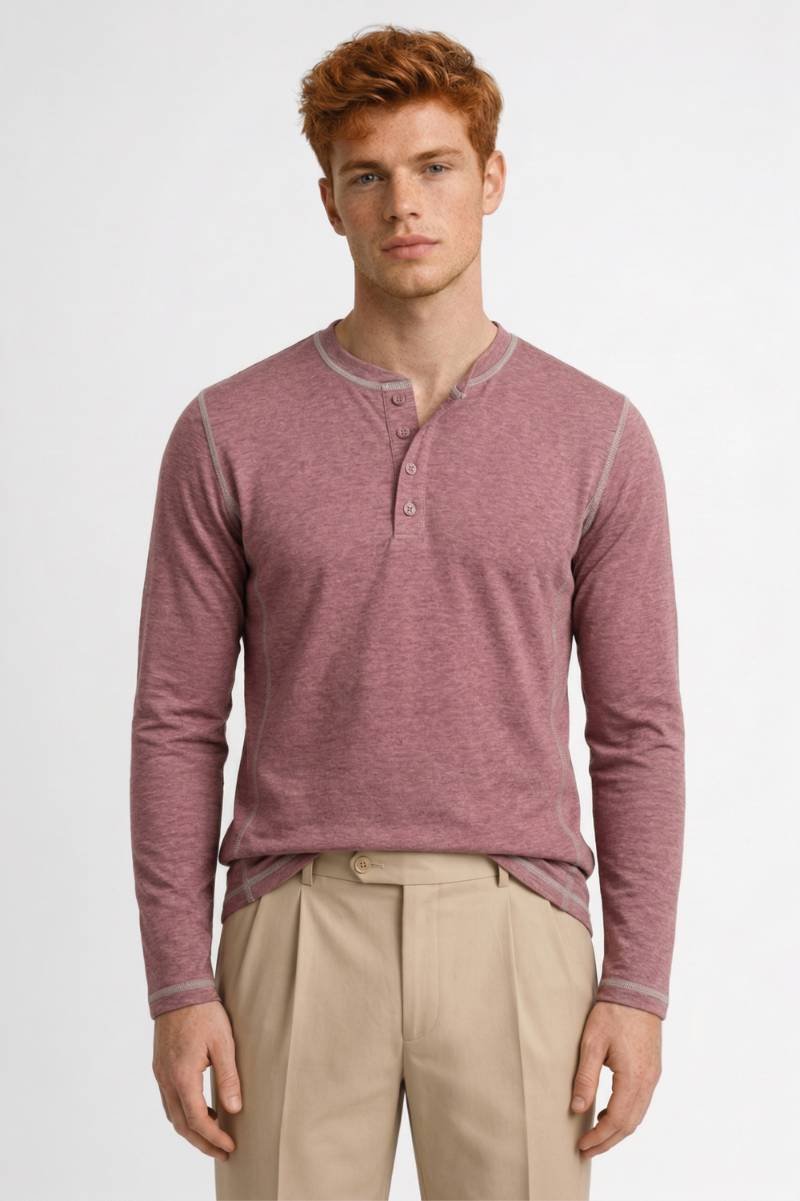 Men's Button-Neck Contrast Stitch Henley