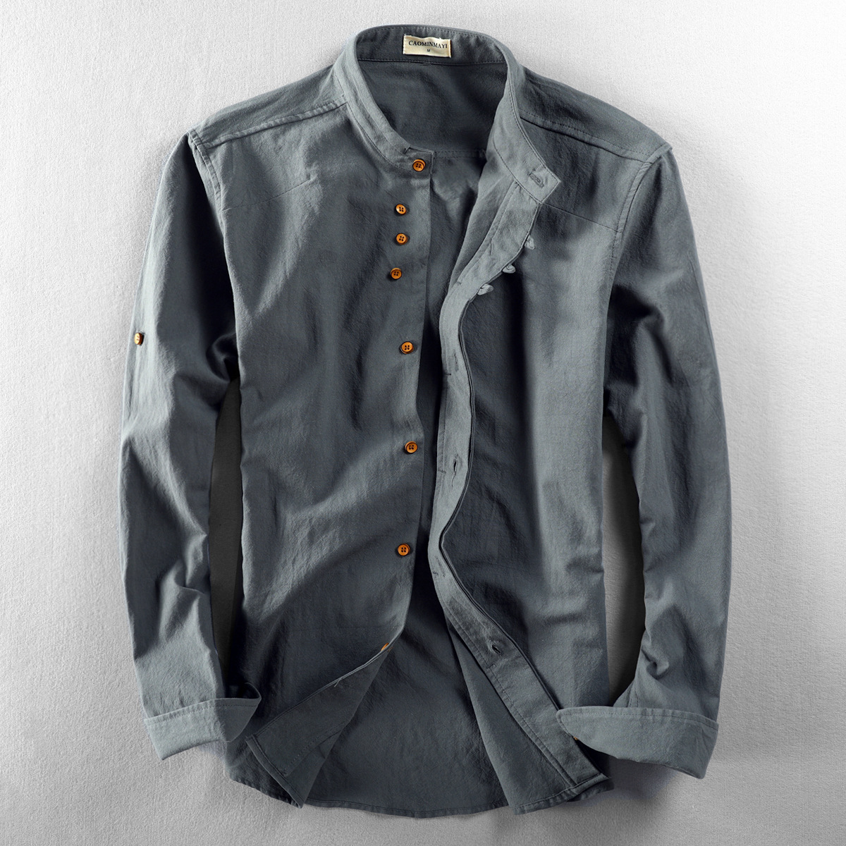 Men's Roll Sleeve Grandad Collar Summer Shirt
