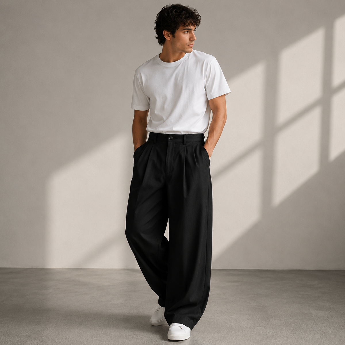 Men's Modern Pleated Wide-Leg Trousers