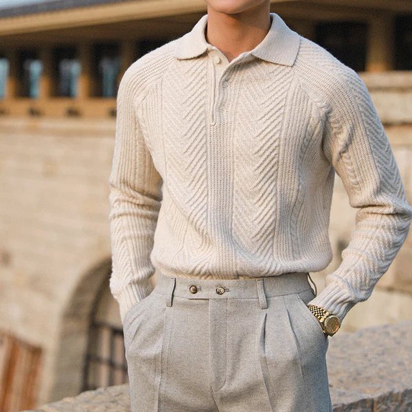 Men's Warm Textured Collared Knit Pullover