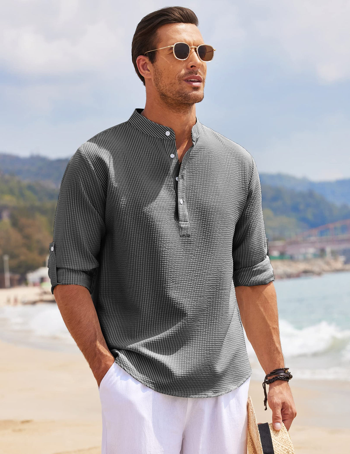 Men's Roll Sleeve Grandad Collar Popover Shirt