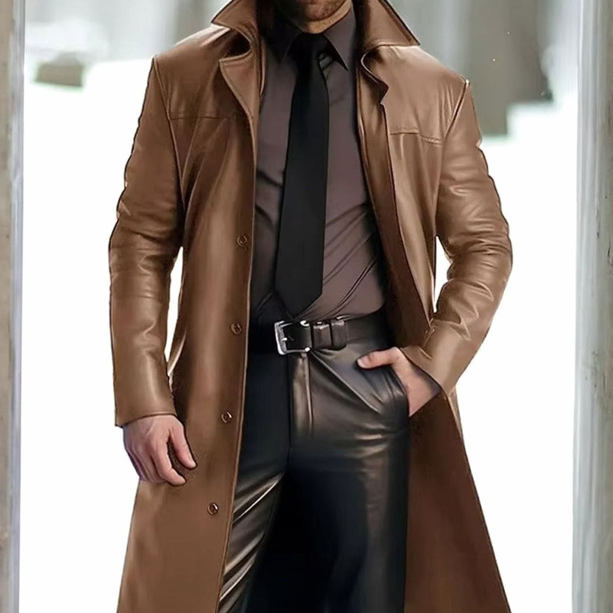 Men's Faux Leather Notch Lapel Longline Topcoat