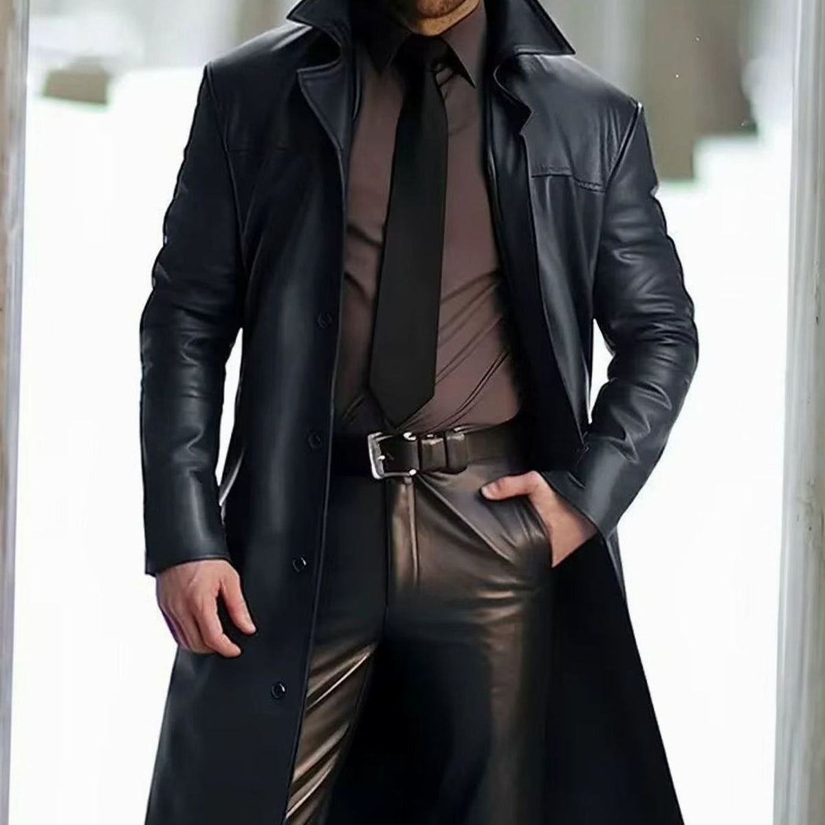 Men's Faux Leather Notch Lapel Longline Topcoat