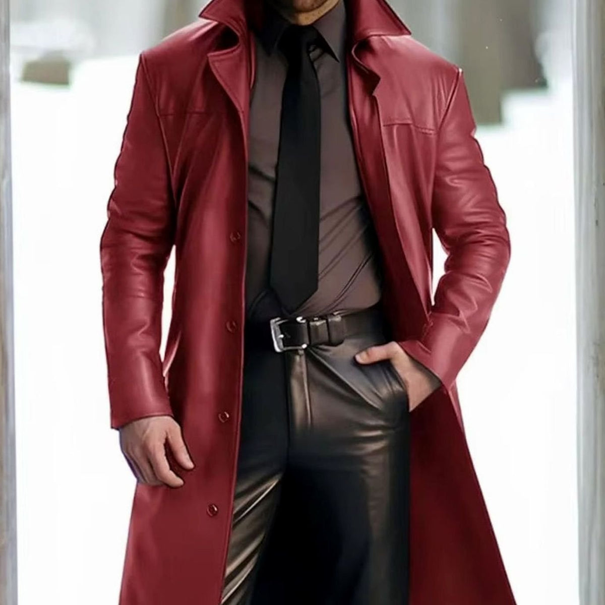 Men's Faux Leather Notch Lapel Longline Topcoat