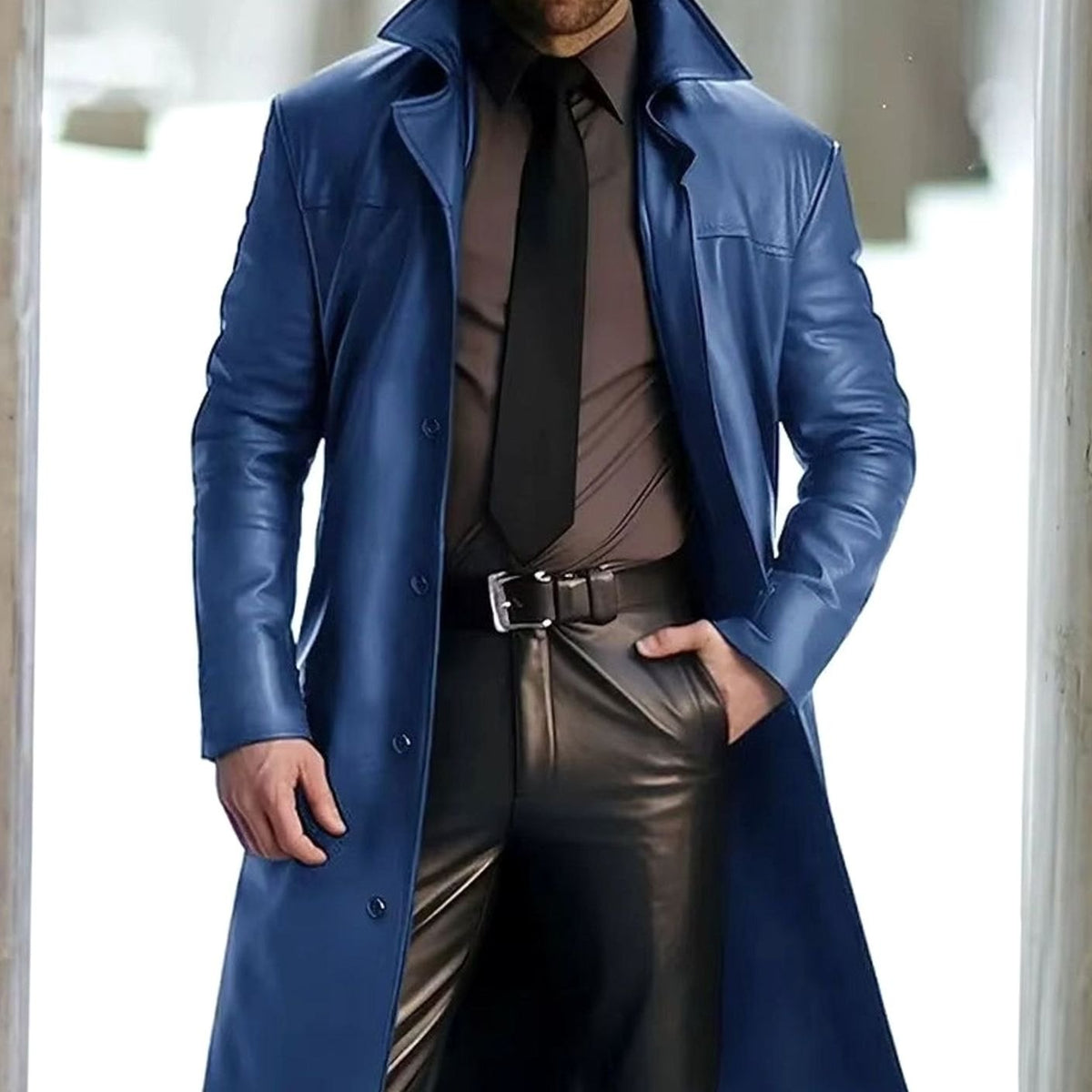 Men's Faux Leather Notch Lapel Longline Topcoat