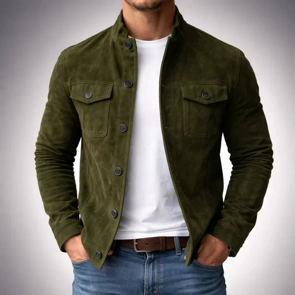 Men's Suede Stand Collar Flap Pocket Jacket