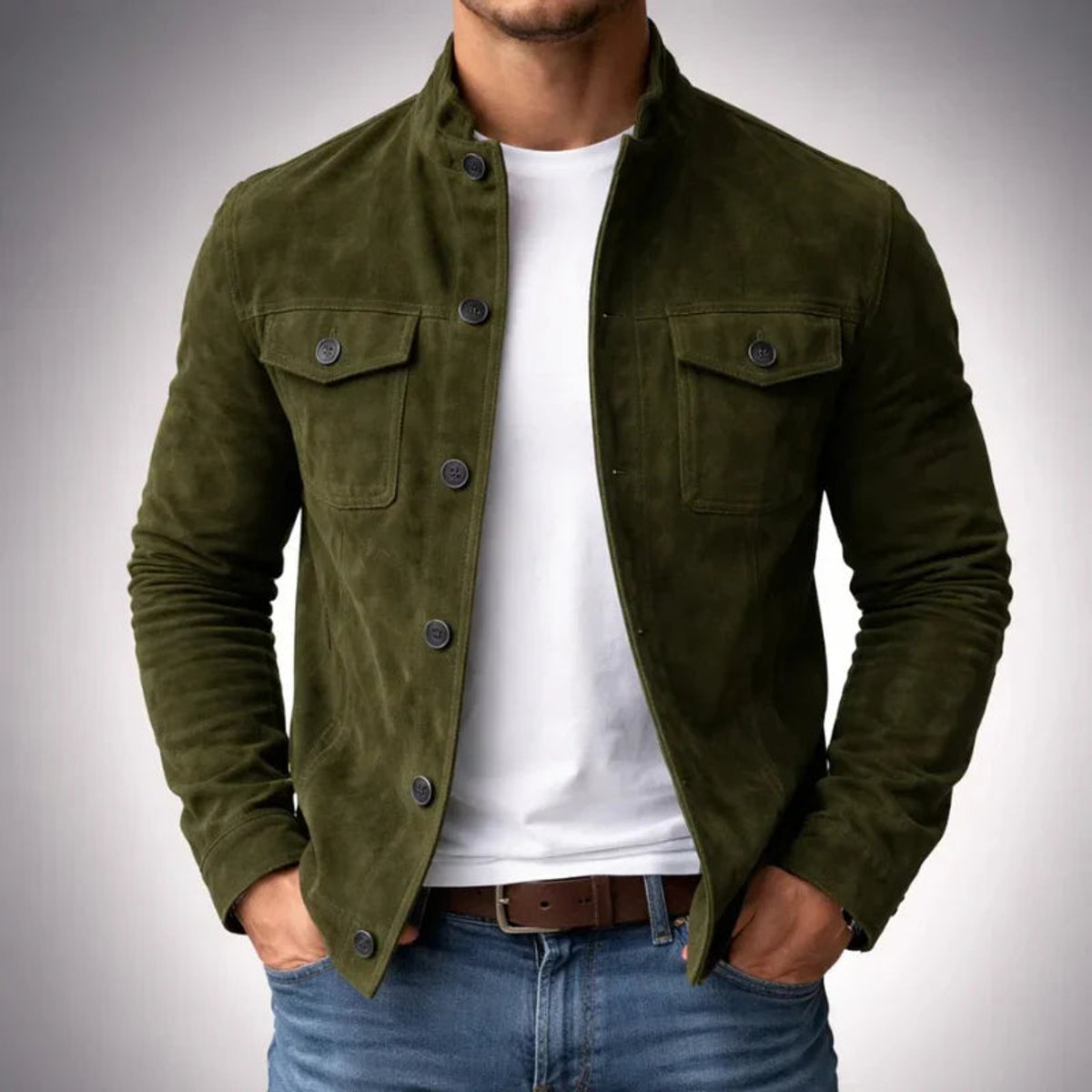 Men's Suede Stand Collar Flap Pocket Jacket