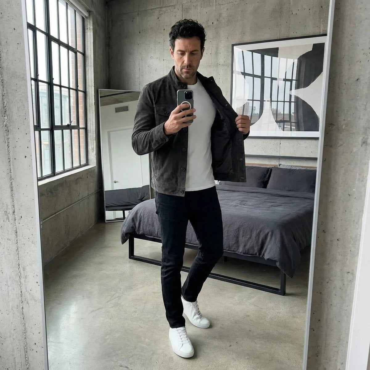 Men's Suede Stand Collar Flap Pocket Jacket
