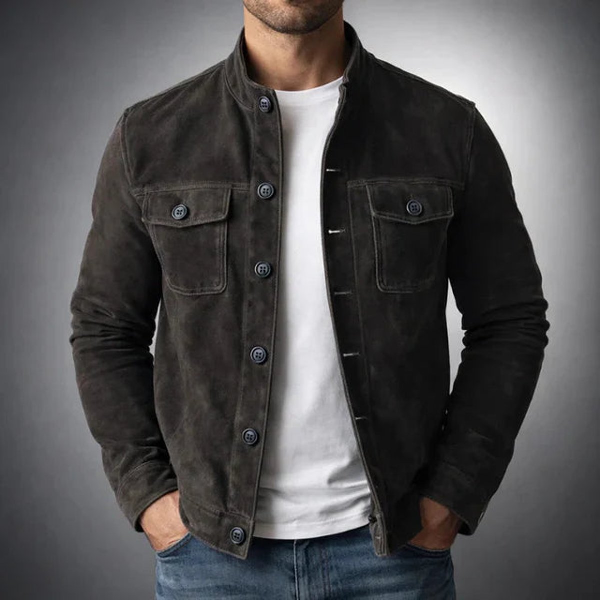 Men's Suede Stand Collar Flap Pocket Jacket