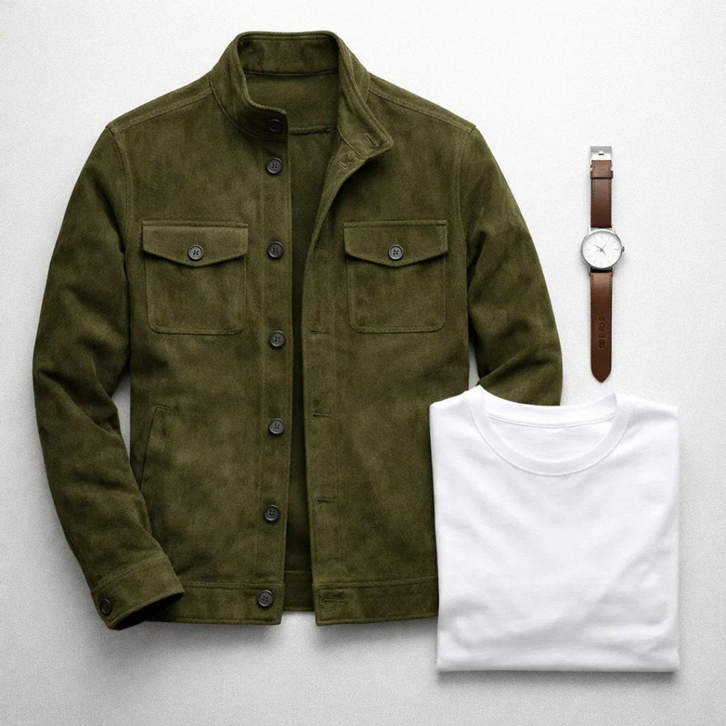 Men's Suede Stand Collar Flap Pocket Jacket